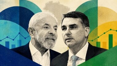 Imagem ilustrativa de pesquisa eleitoral com Lula e Flávio Bolsonaro