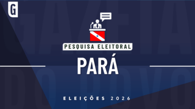 Ilustração feita pela Gazeta do Povo sobre pesquisa eleitoral nas Eleições 2026, com a bandeira do Pará