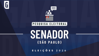 Ilustração feita pela Gazeta do Povo sobre pesquisa eleitoral nas Eleições 2026, com bandeira de São Paulo e a palavra senador
