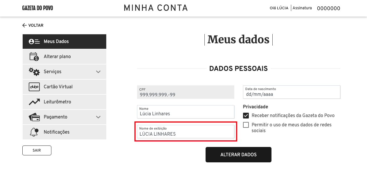 Alterar novo nome de exibição